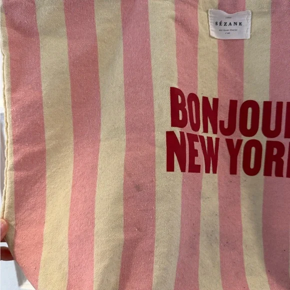 Sezane Pink and Yellow Striped Tote Bag “Bonjour New York” - Picture 2 of 3
